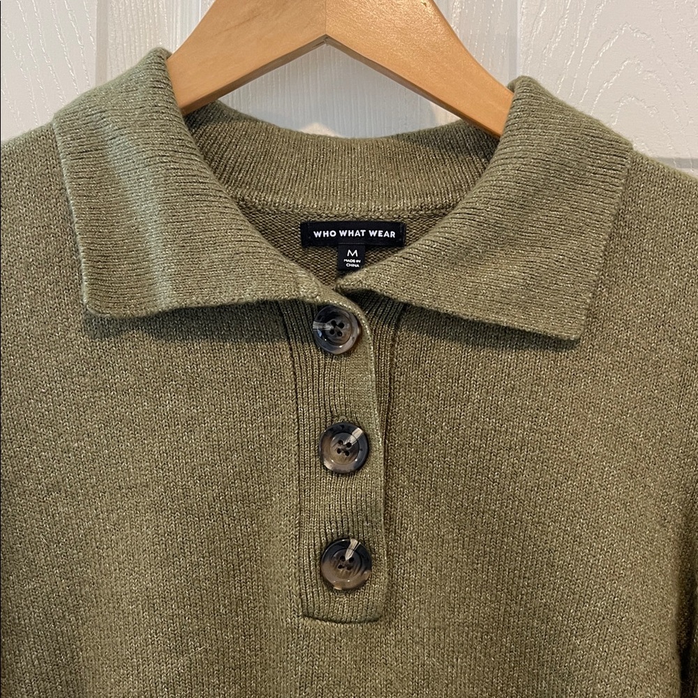 Who What Wear Olive Green Puff Sleeve Polo Sweater - Picture 2 of 5
